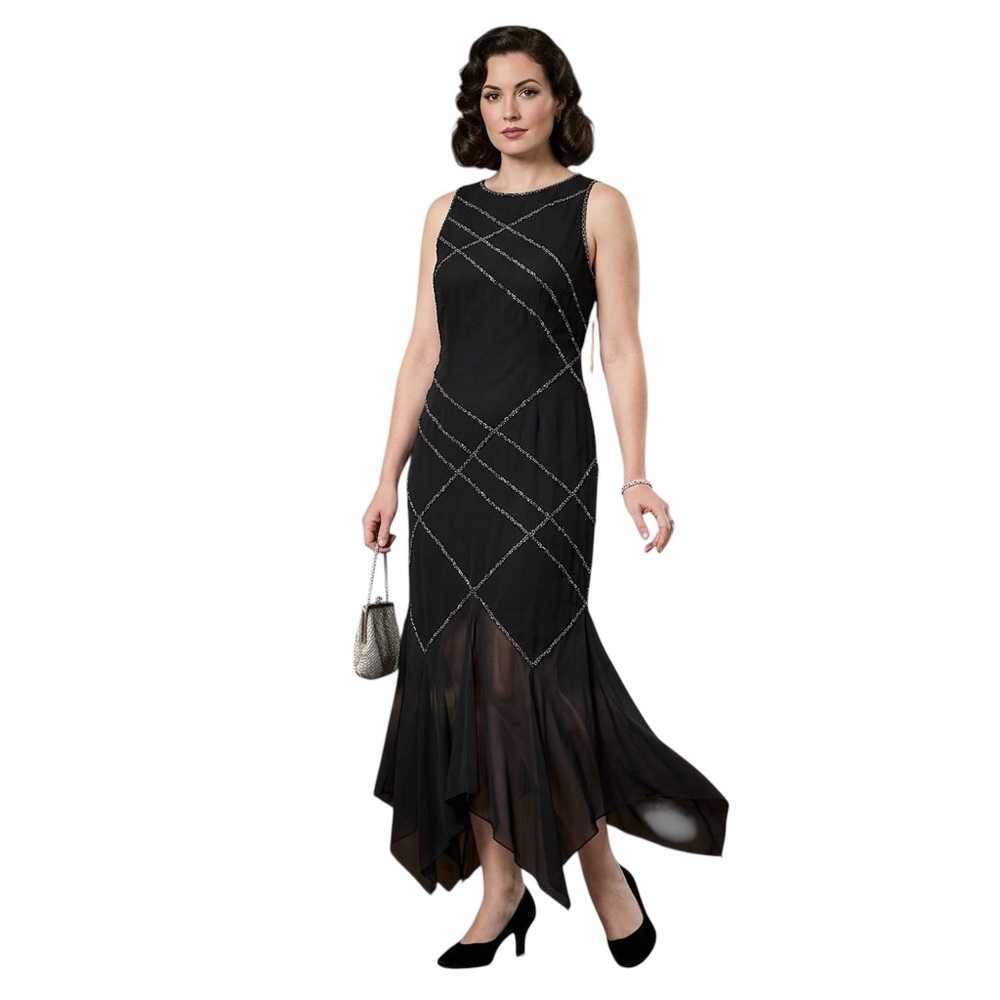 Vintage Lawrence Kazar NWT Hand Beaded Geometric Lattice Gown Black Formal Sz 10